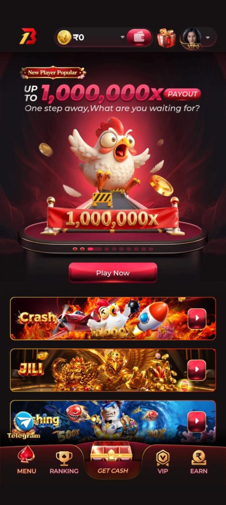 Bonu1 Game home screen with colorful games, payout banner and navigation menu