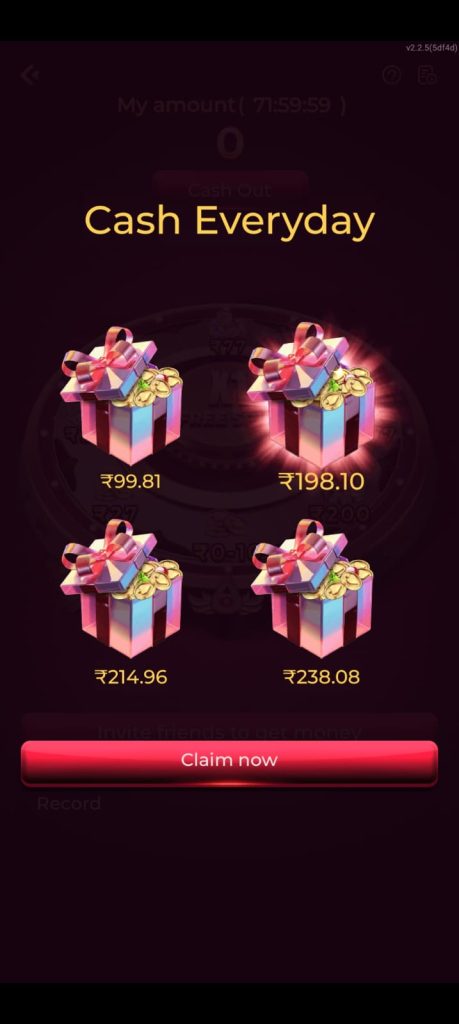 Bonu1 Game daily rewards screen with gift boxes and cash bonus display