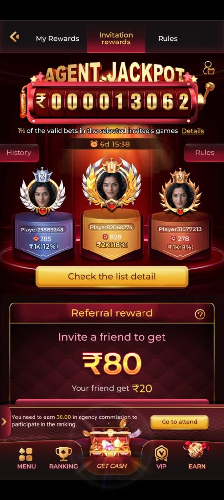 Bonu1 Game agent jackpot and referral rewards leaderboard screen